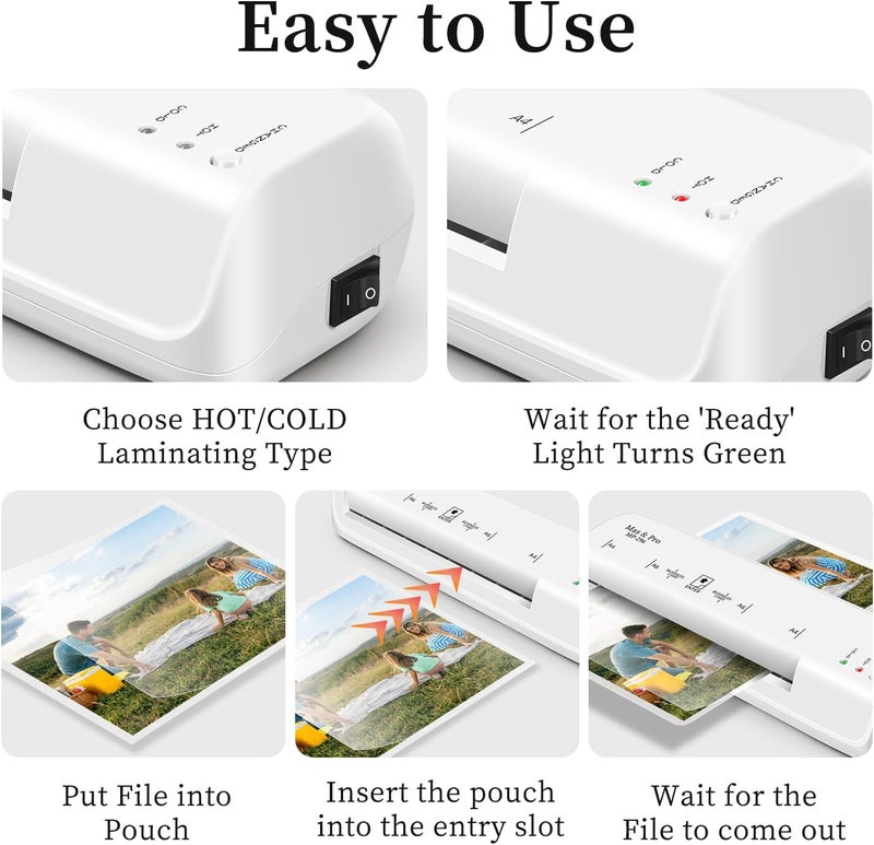 Mas & Pro Thermal Laminator Machine 9 Inch with 40 Laminating Sheets, Hot & Cold, Anti-Jam, Fast Warm-Up, 2-Roller, Portable for Home Office School, Letter Size/A4/A5/A6/Photo/Document, White - Image 5